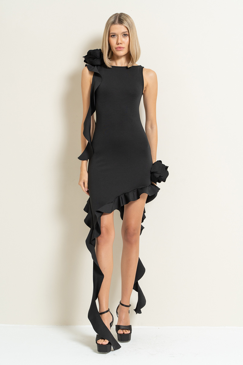 Toptan Siyah Gül Detaylı Fırfırlı Mini Elbise