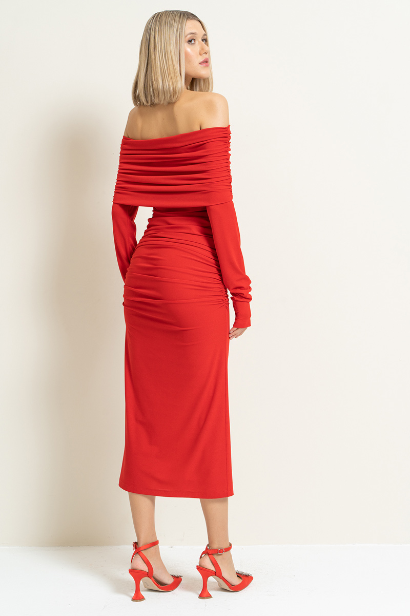 Red Off-the-Shoulder Ruched Dress