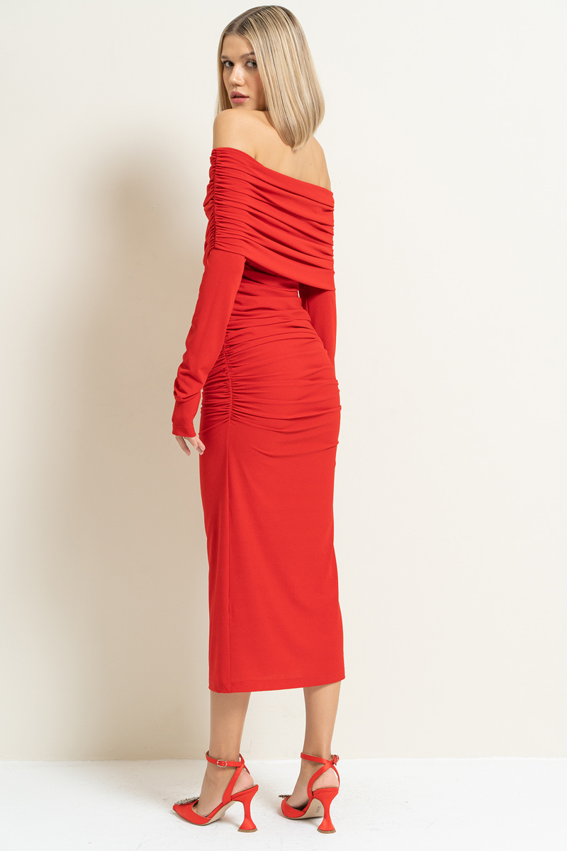 Red Off-the-Shoulder Ruched Dress