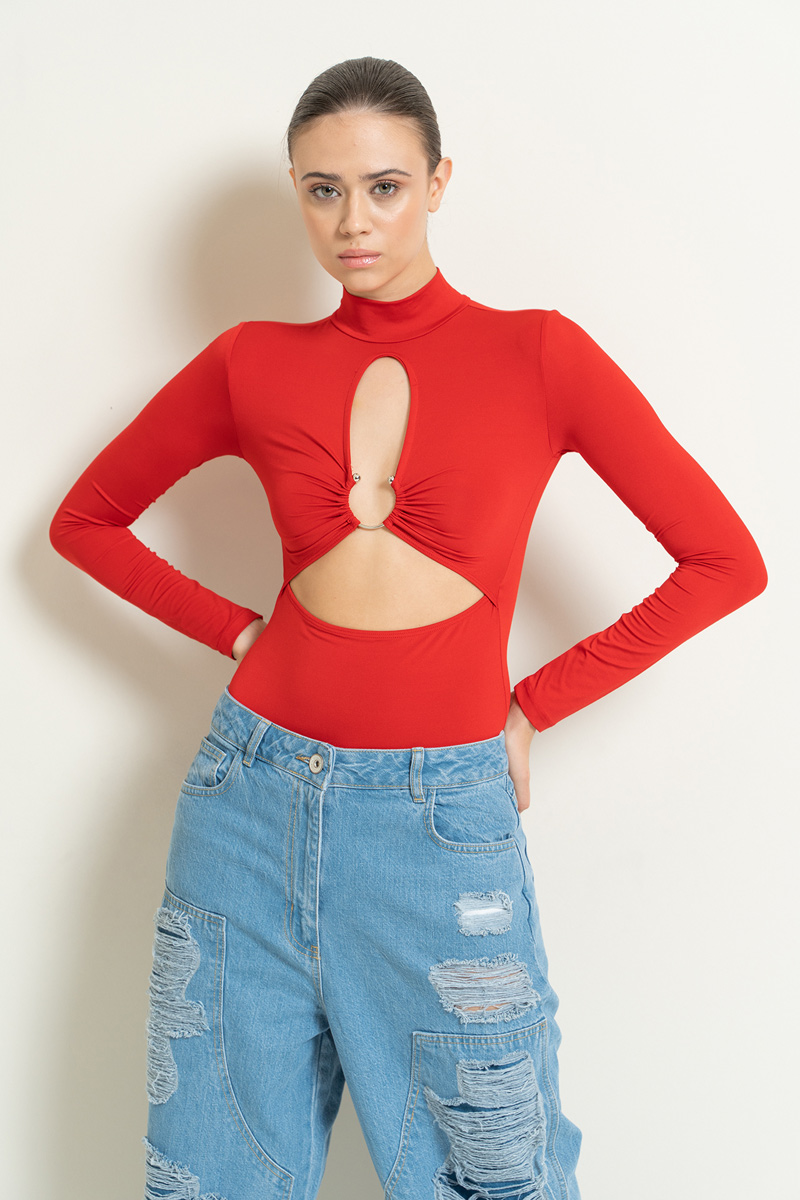 оптовая красный Cut Out Front Long-Sleeve Bodysuit
