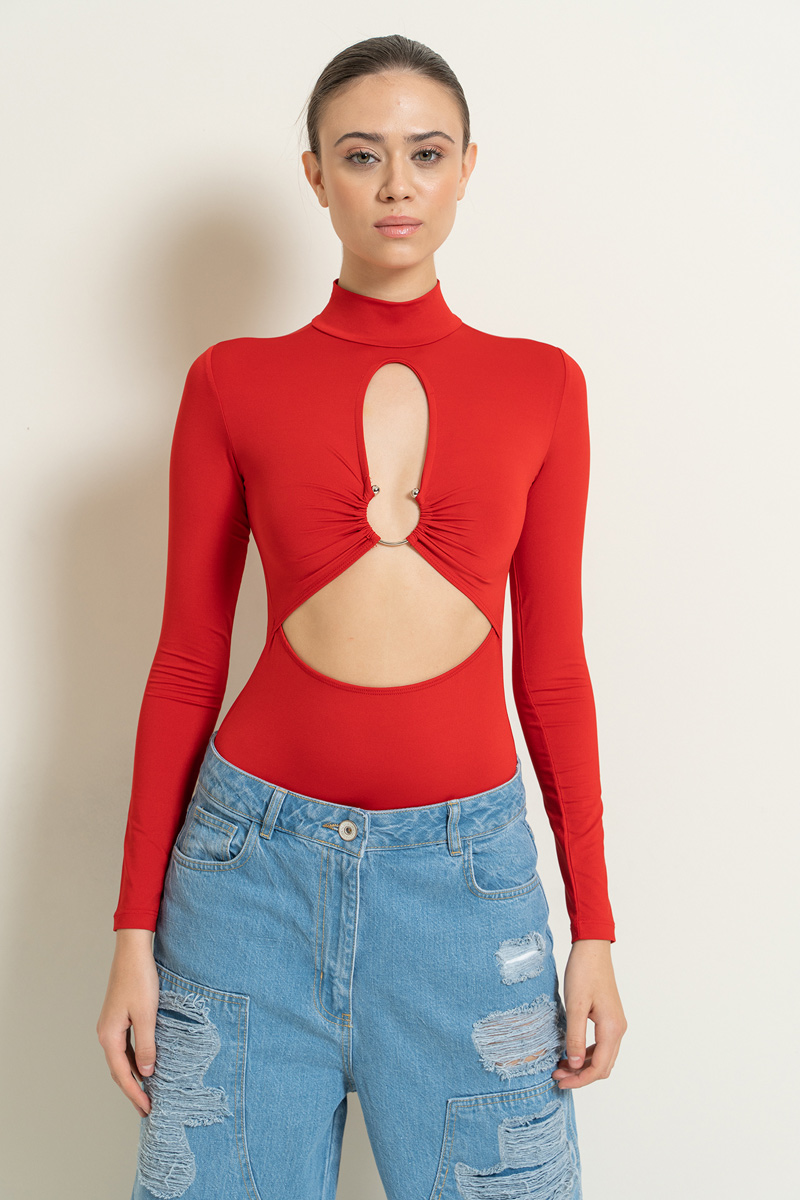 Wholesale Red Cut Out Front Long-Sleeve Bodysuit
