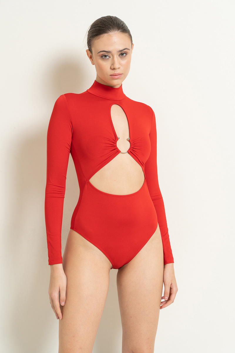 Red Cut Out Front Long-Sleeve Bodysuit