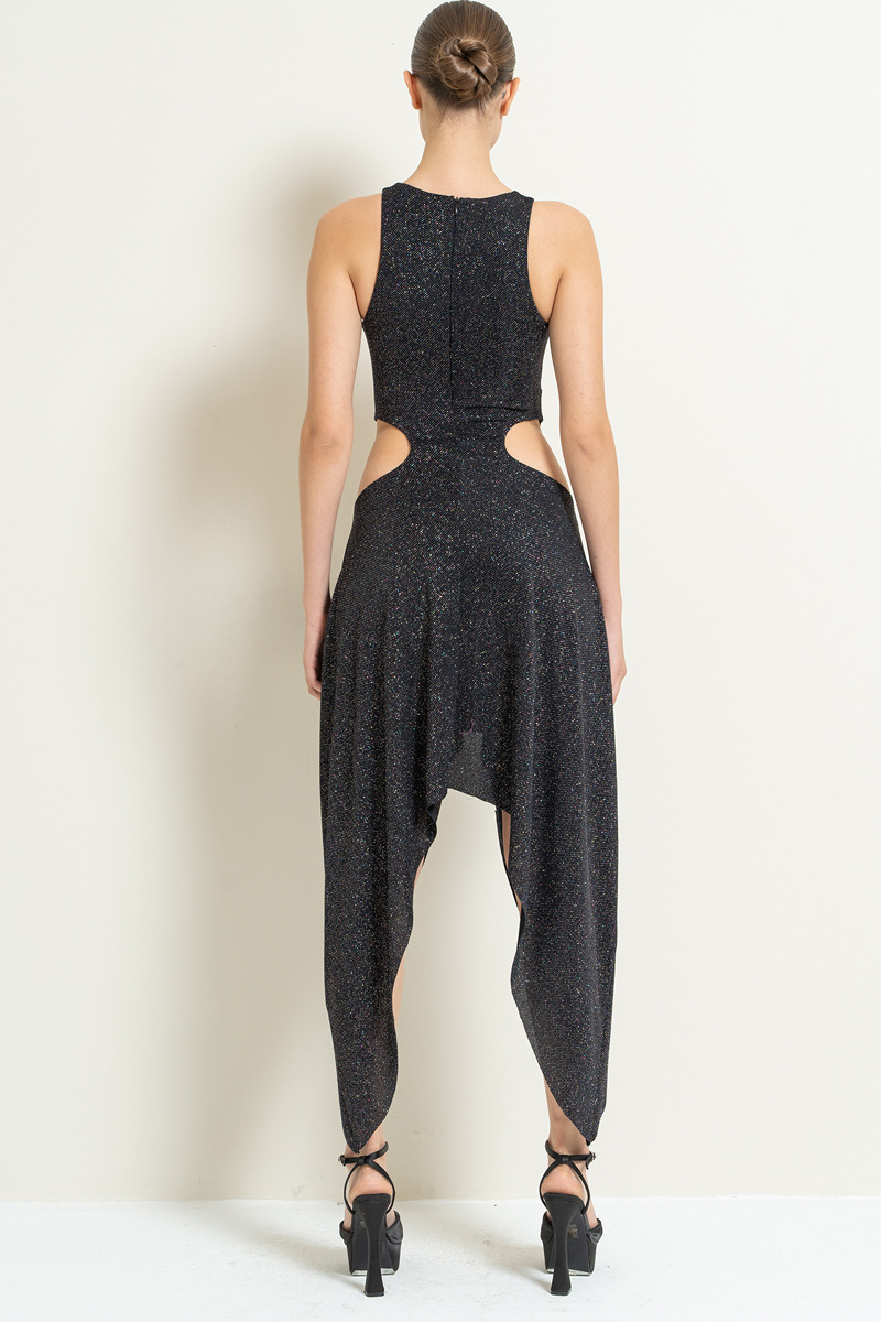 Glittery Black-Silver Cut Out Bodysuit with Skirt