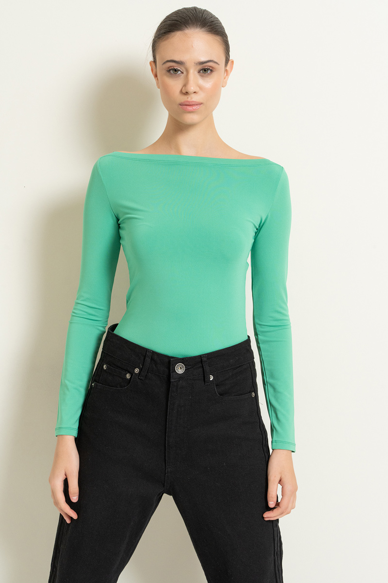 Wholesale Boat Neck Long Sleeve New Green Top
