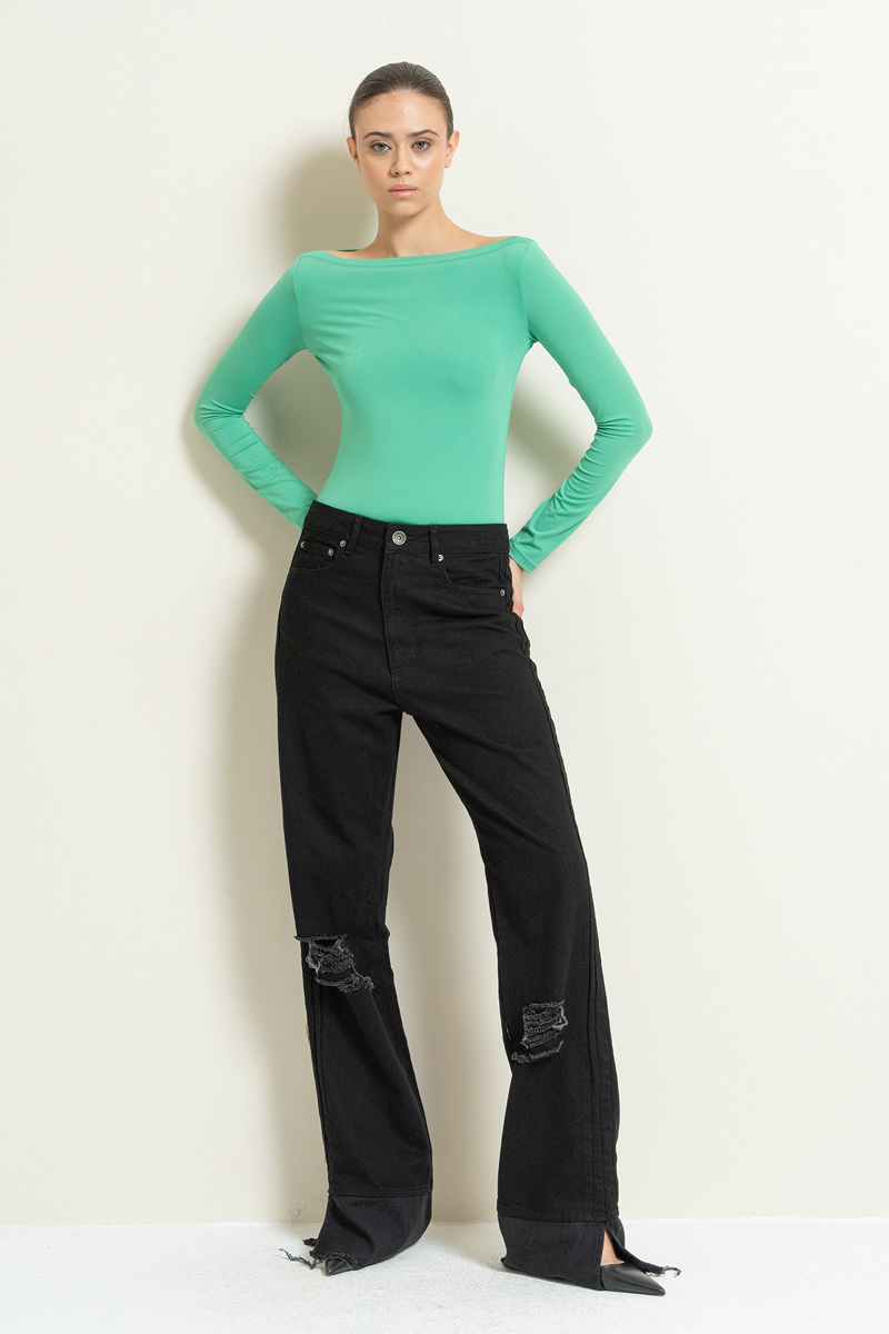 Wholesale Boat Neck Long Sleeve New Green Top