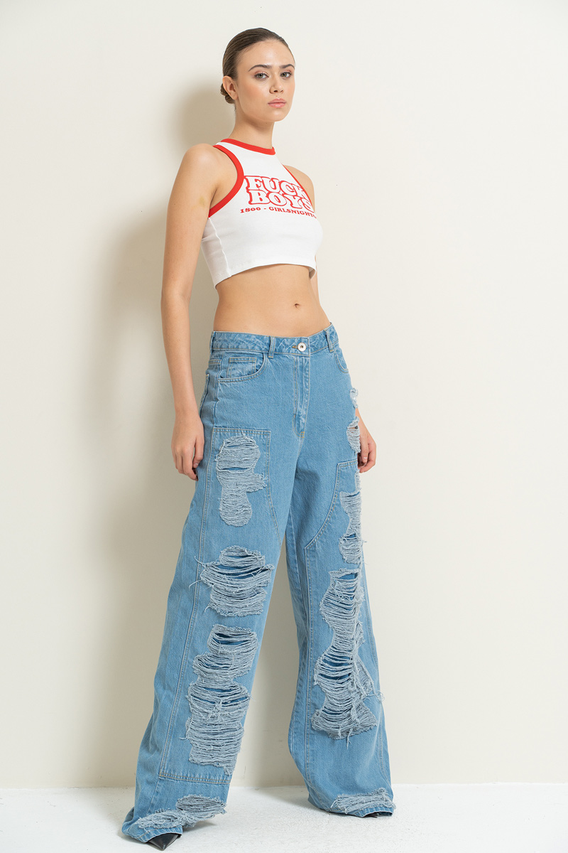 Blue Distressed Loose-Fit Jeans