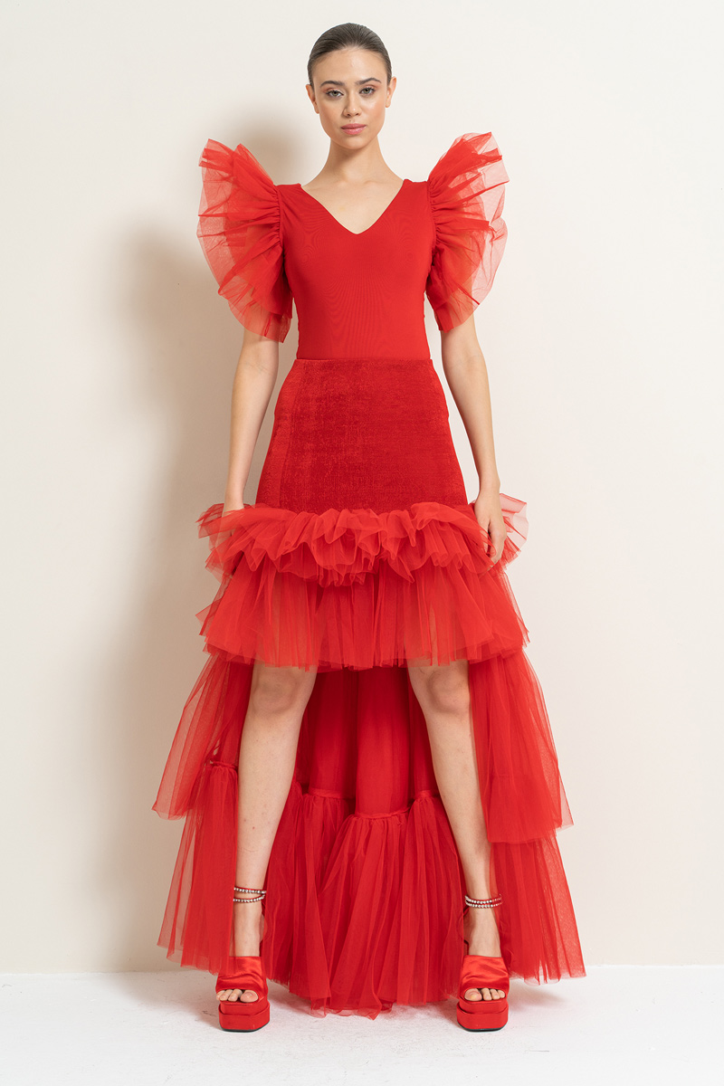 Red High-Low Tiered-Ruffle Tulle Skirt