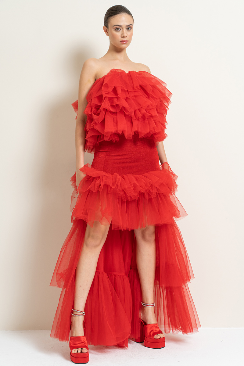 Wholesale Red High-Low Tiered-Ruffle Tulle Skirt