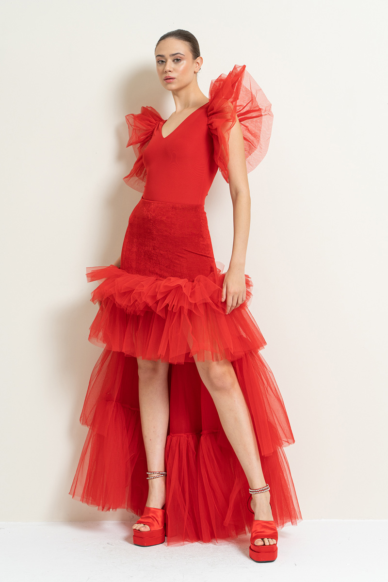Red High-Low Tiered-Ruffle Tulle Skirt