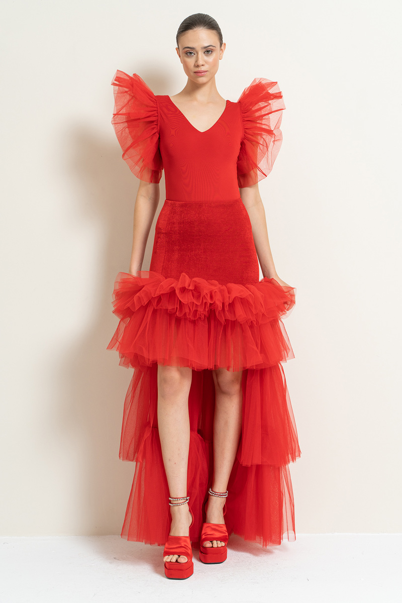 Wholesale Red High-Low Tiered-Ruffle Tulle Skirt