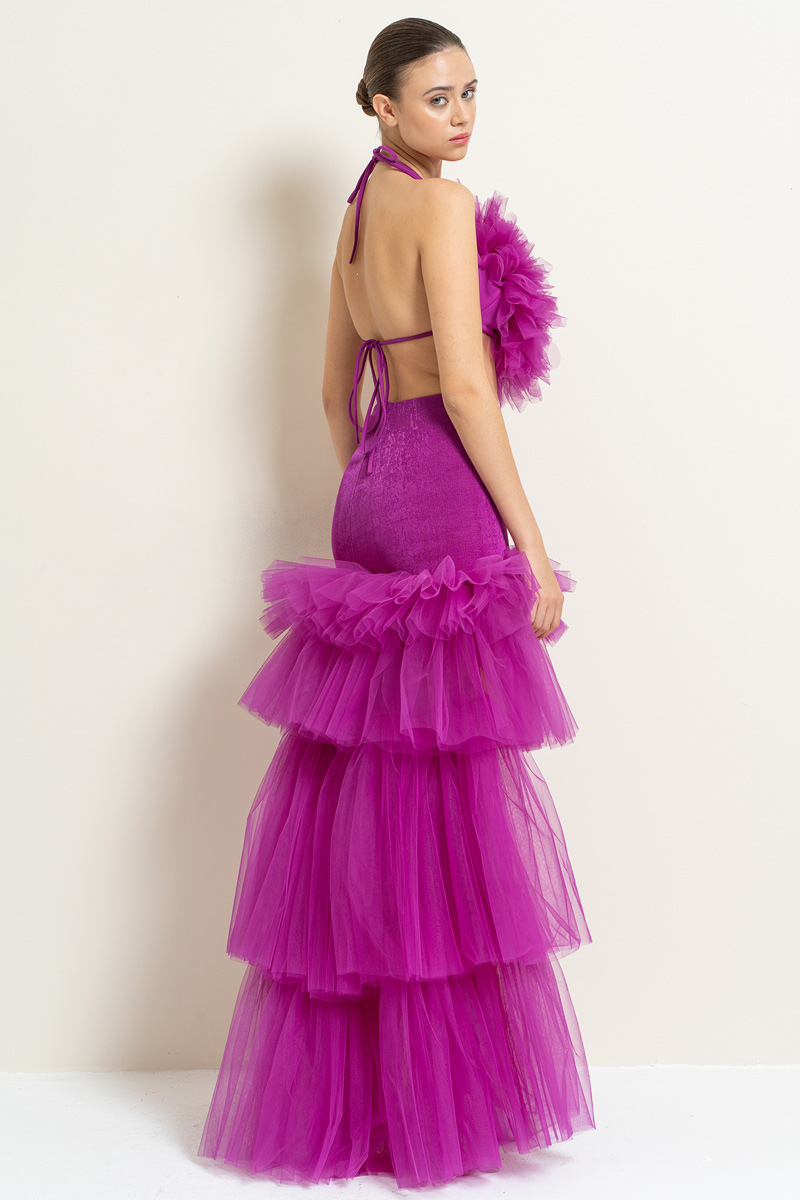 Wholesale Magenta High-Low Tiered-Ruffle Tulle Skirt