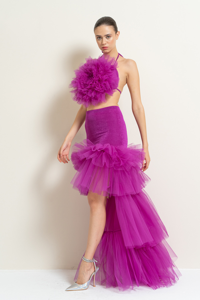 Wholesale Magenta High-Low Tiered-Ruffle Tulle Skirt