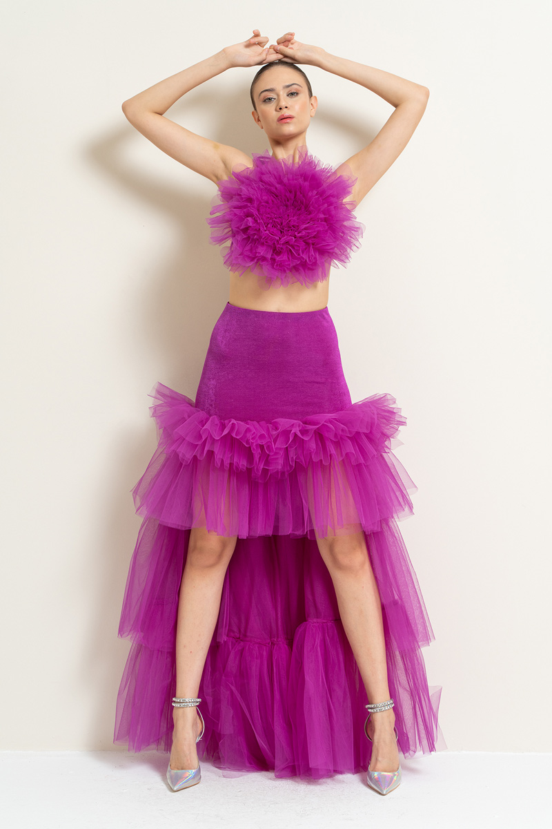 Magenta High-Low Tiered-Ruffle Tulle Skirt
