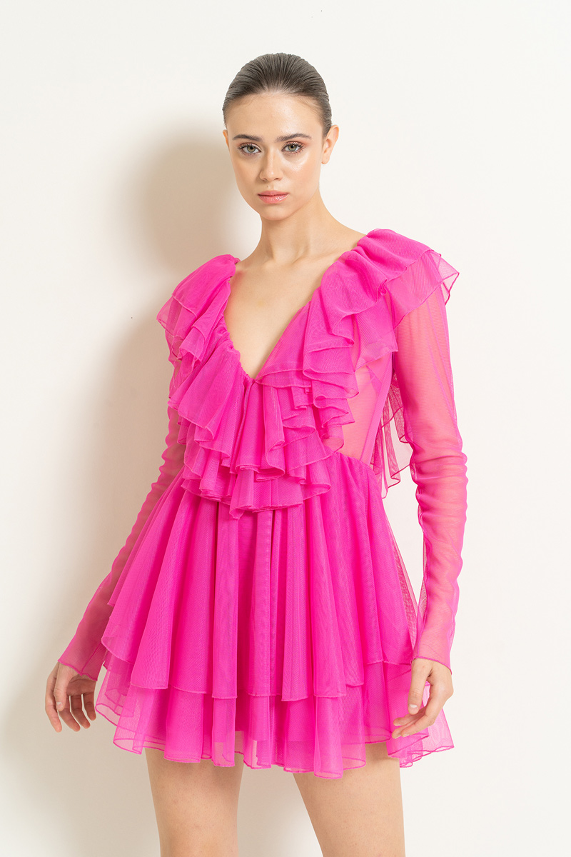 V neck Ruffle New Fuschia Mini Tulle Dress