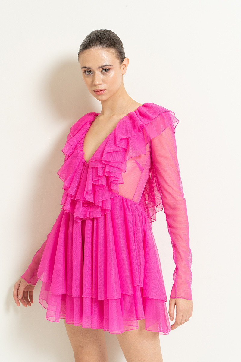 V neck Ruffle New Fuschia Mini Tulle Dress