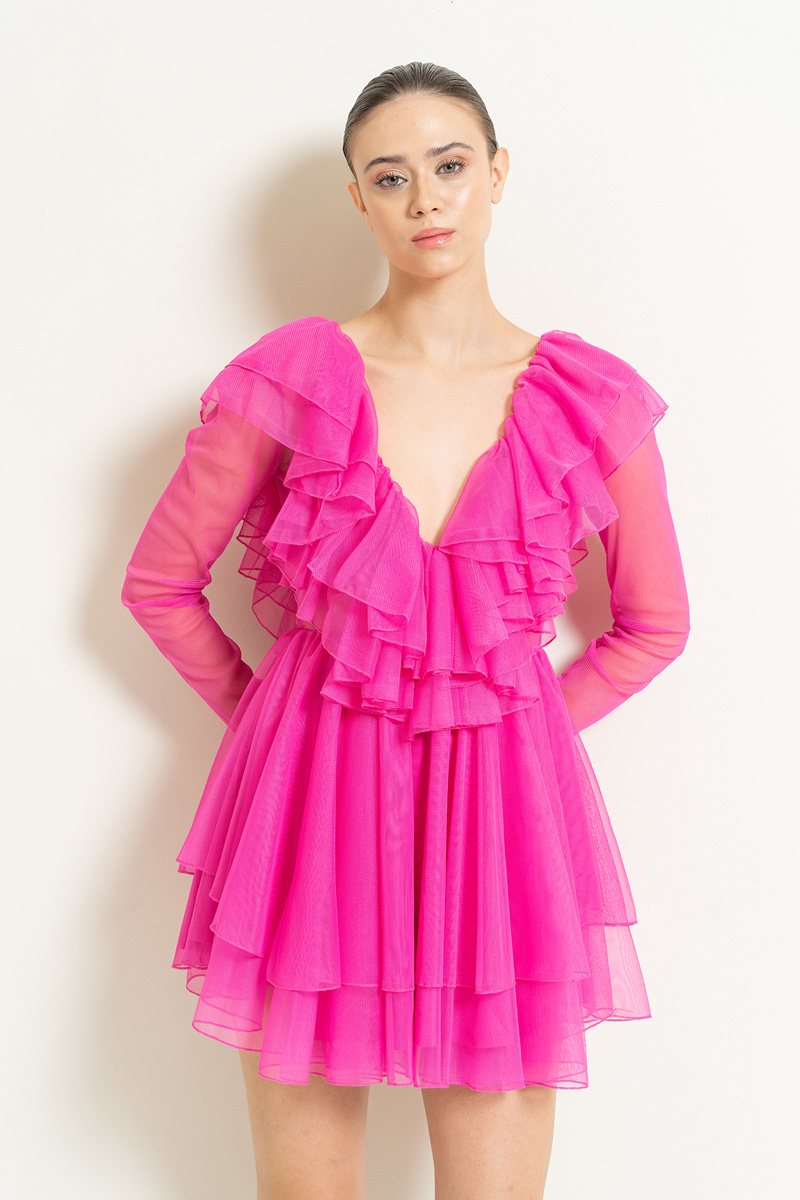 V neck Ruffle New Fuschia Mini Tulle Dress