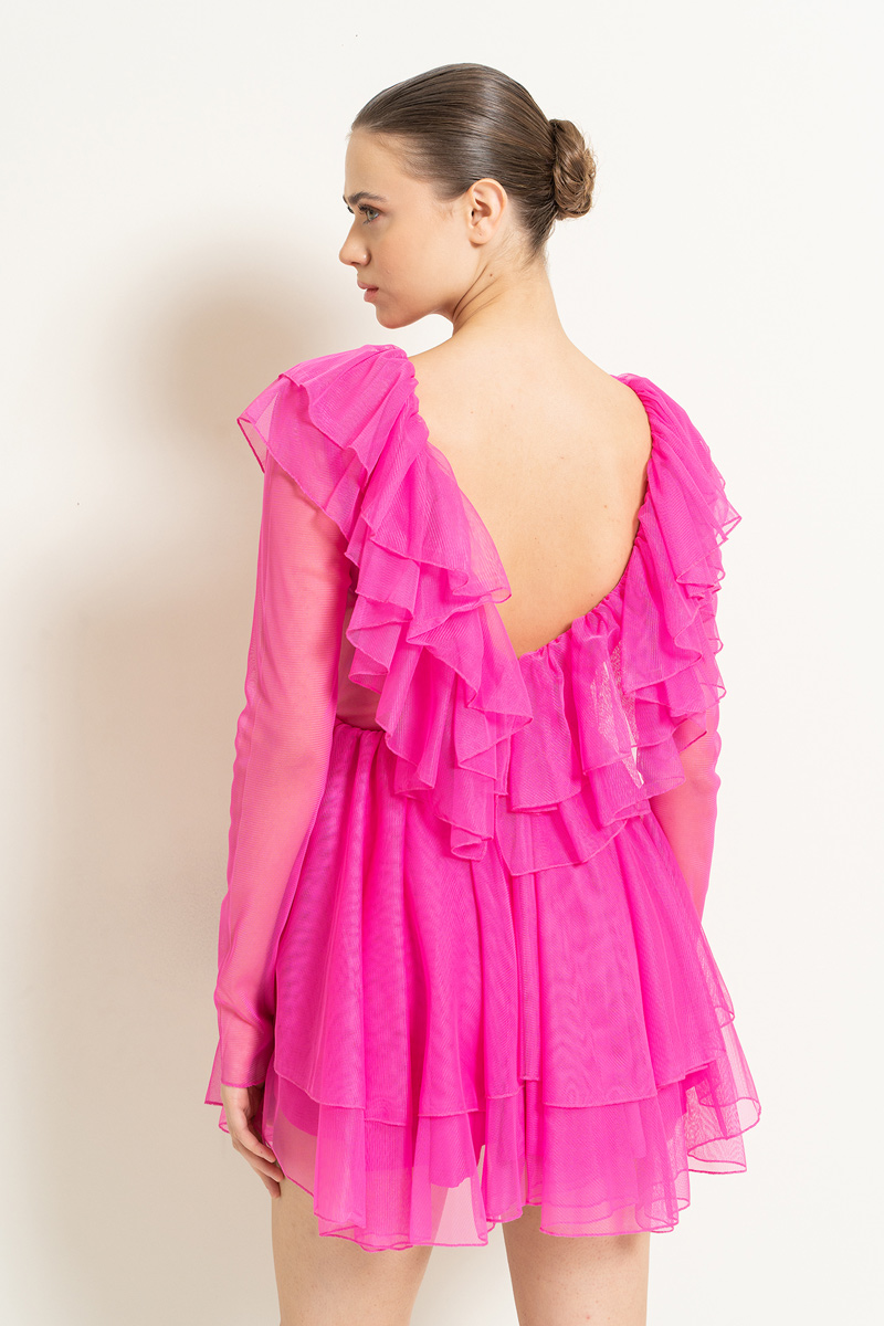 V neck Ruffle New Fuschia Mini Tulle Dress