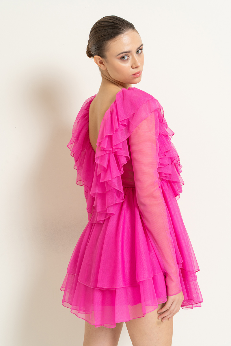 V neck Ruffle New Fuschia Mini Tulle Dress