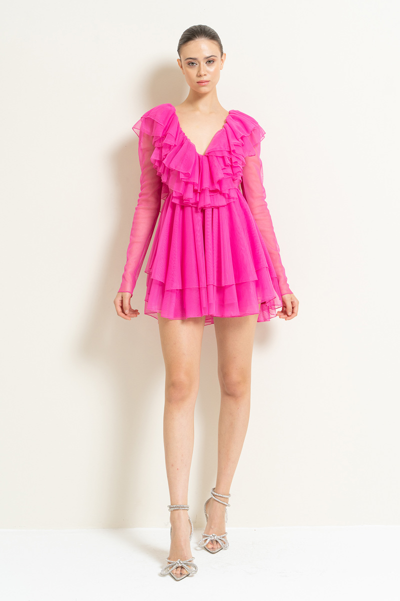 V neck Ruffle New Fuschia Mini Tulle Dress