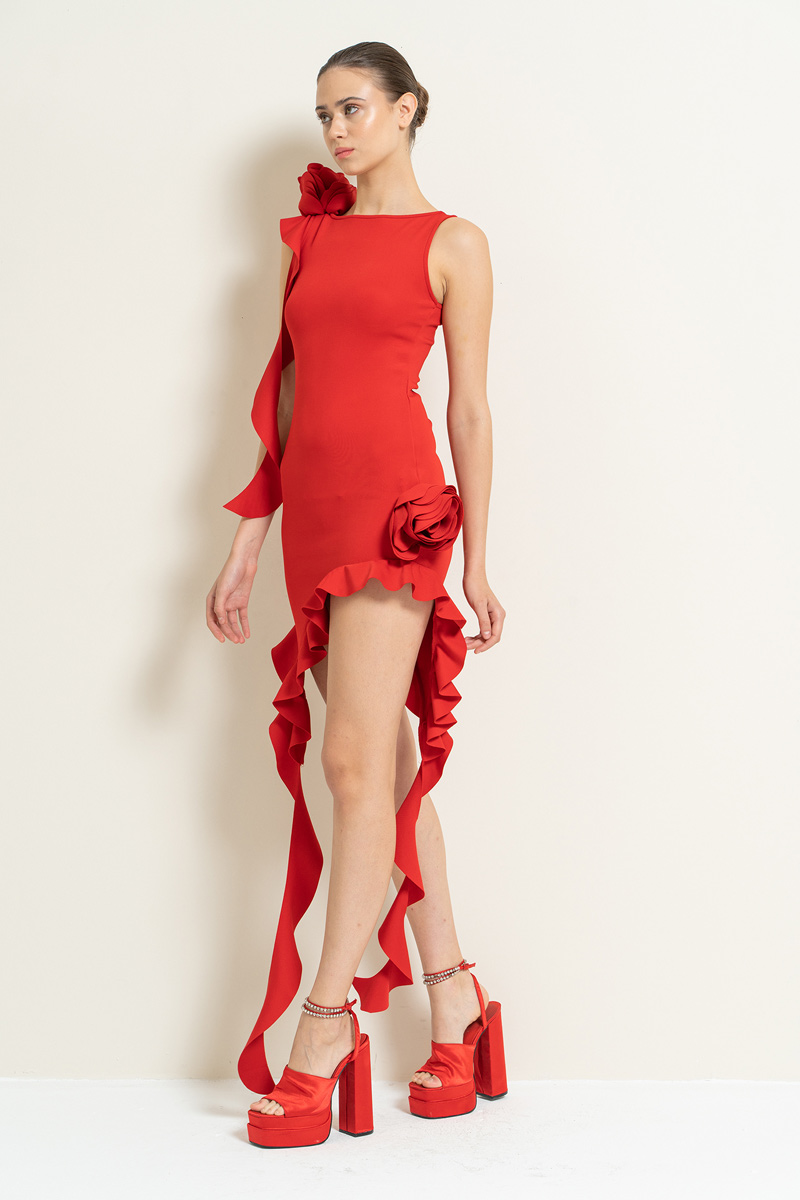 Red Rose-Accent Ruffle-Trim Mini Dress