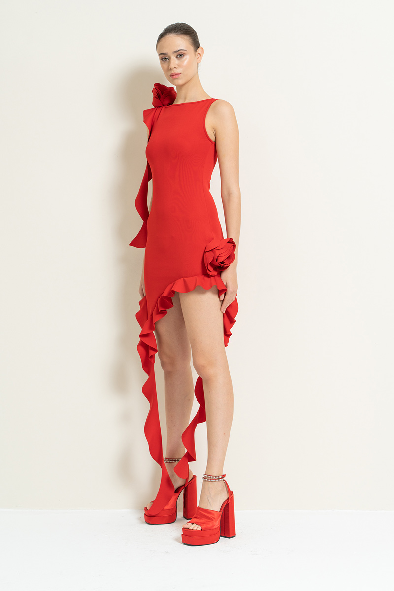 Wholesale Red Rose-Accent Ruffle-Trim Mini Dress