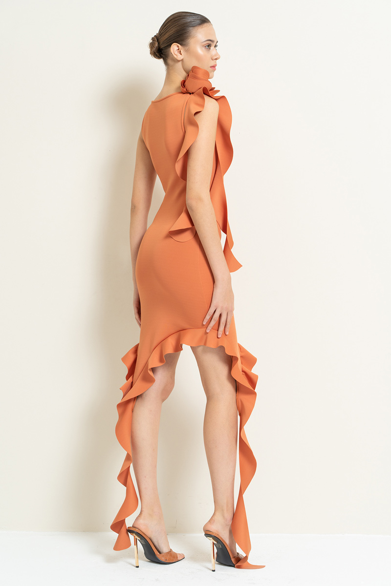 Wholesale Ochre Rose-Accent Ruffle-Trim Mini Dress