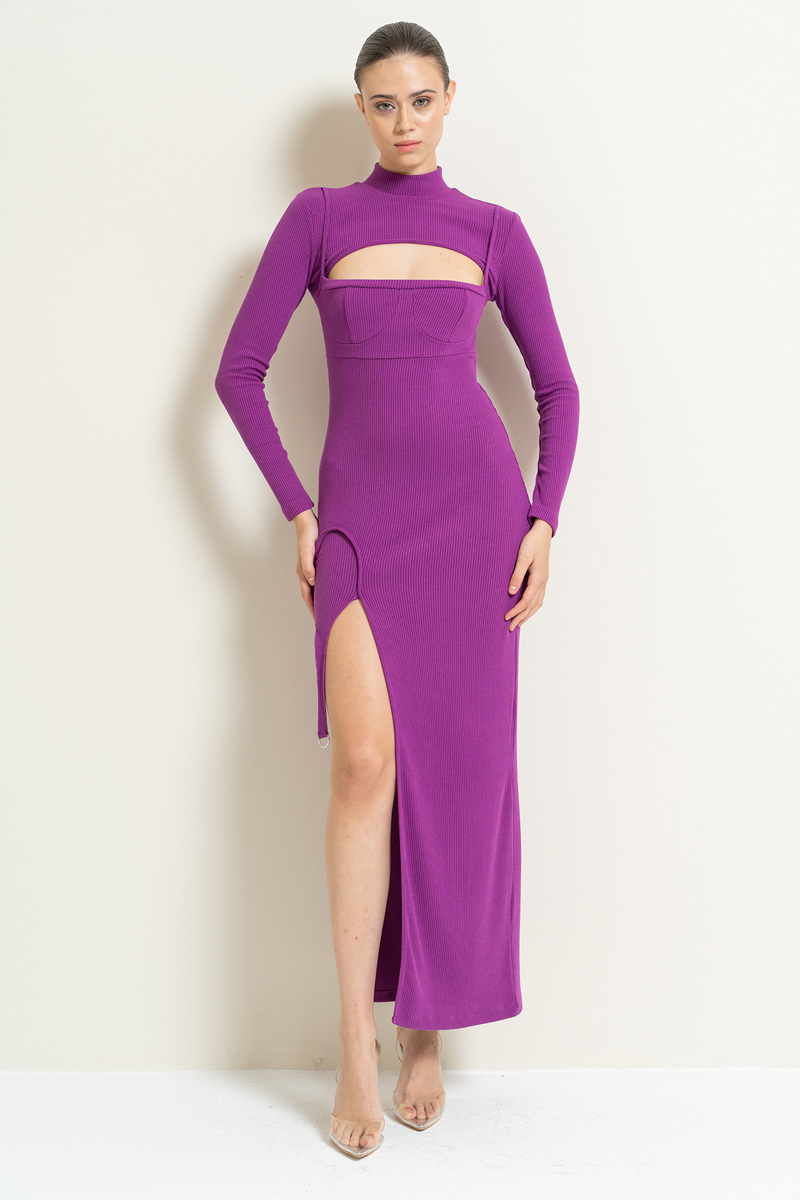 Wholesale Magenta Cut Out Front Split-Leg Ribbed Dress