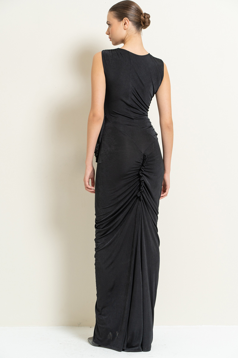 Black Shirred Sleeveless Maxi Dress