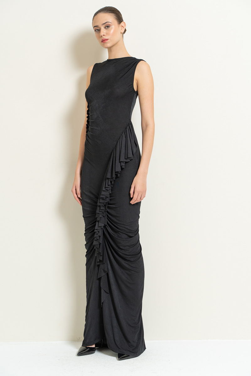 Black Shirred Sleeveless Maxi Dress