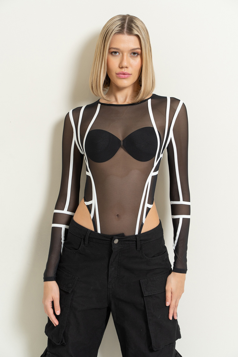 Contrast-Trim Mesh Bodysuit in Black-Offwhite