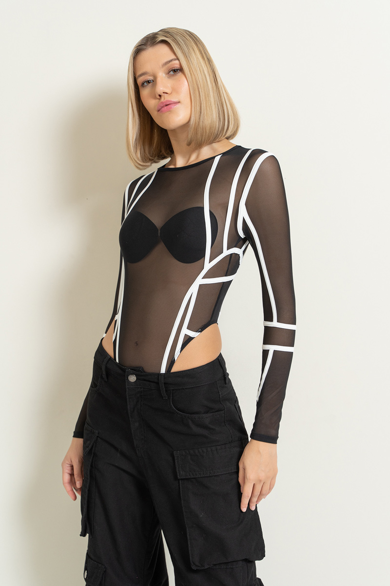 Contrast-Trim Mesh Bodysuit in Black-Offwhite