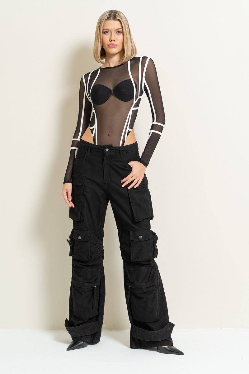 Wholesale Contrast-Trim Mesh Bodysuit in Black-Offwhite