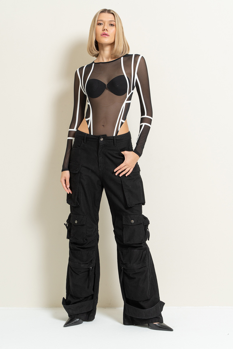 Contrast-Trim Mesh Bodysuit in Black-Offwhite