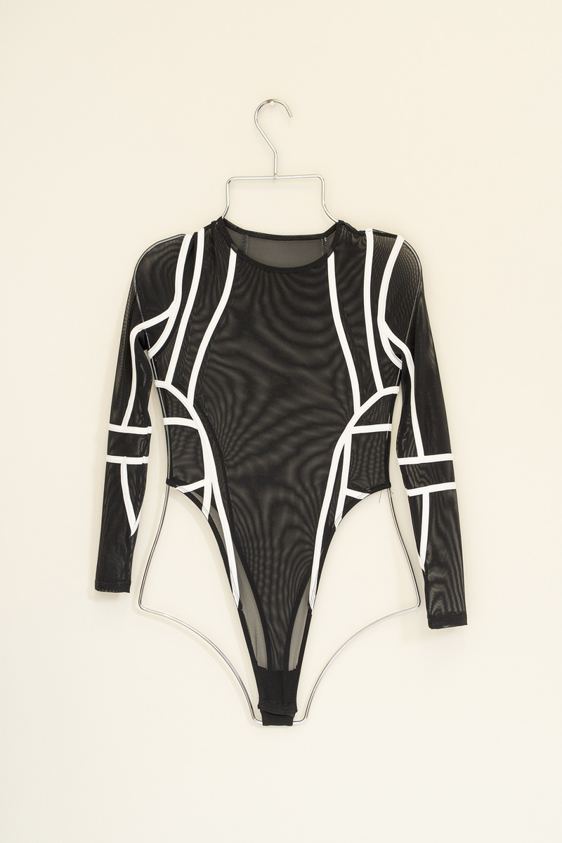 Contrast-Trim Mesh Bodysuit in Black-Offwhite