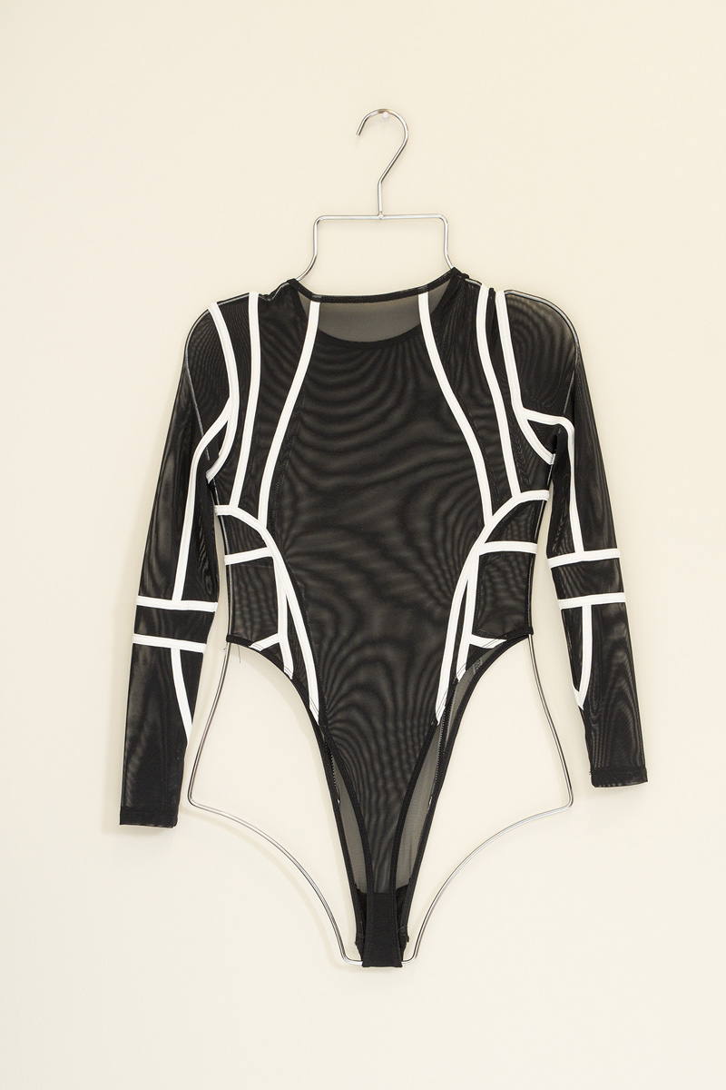 Wholesale Contrast-Trim Mesh Bodysuit in Black-Offwhite