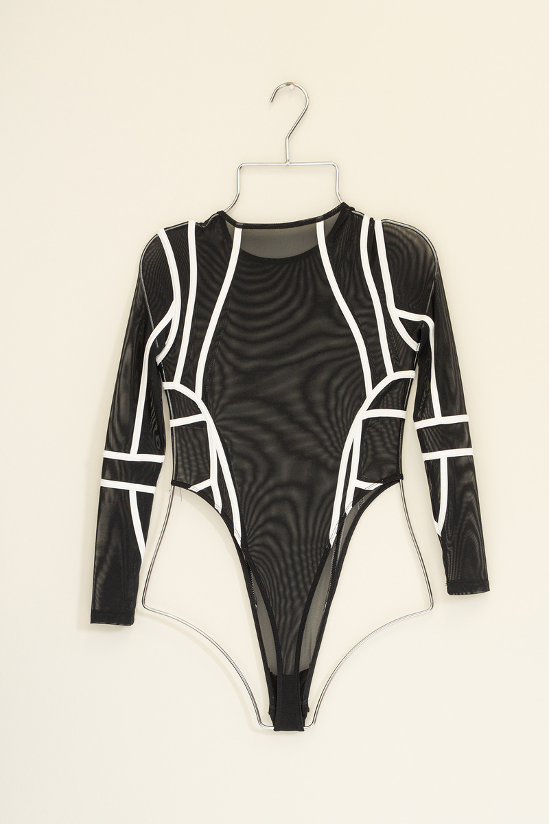 Contrast-Trim Mesh Bodysuit in Black-Offwhite