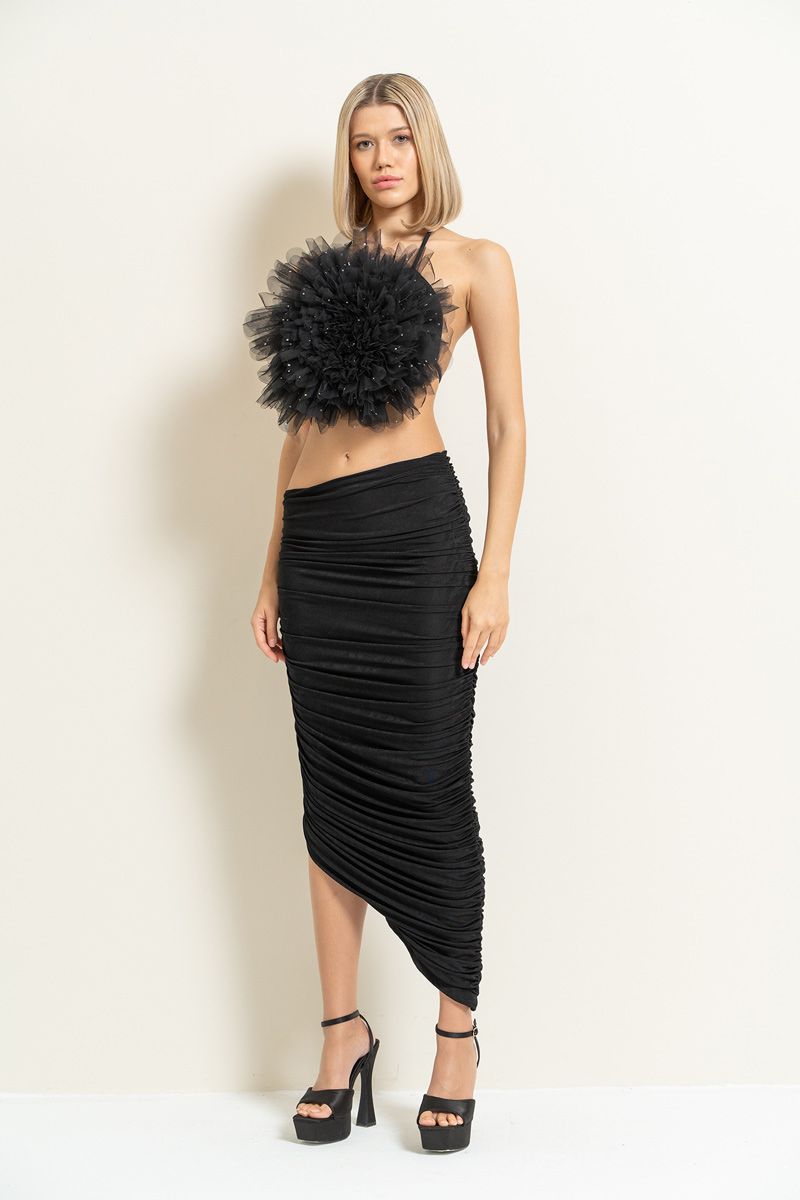 Wholesale Black Shirred Asymmetric Skirt