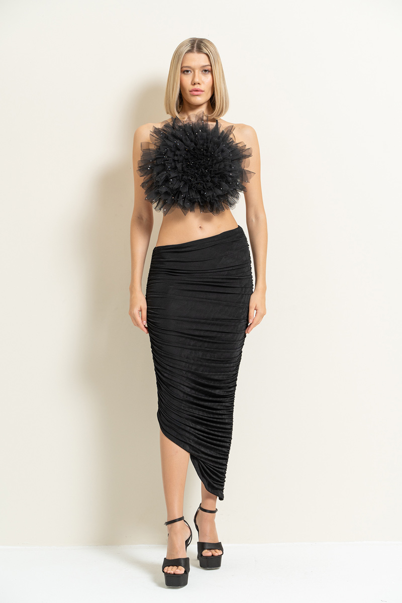 Wholesale Black Shirred Asymmetric Skirt