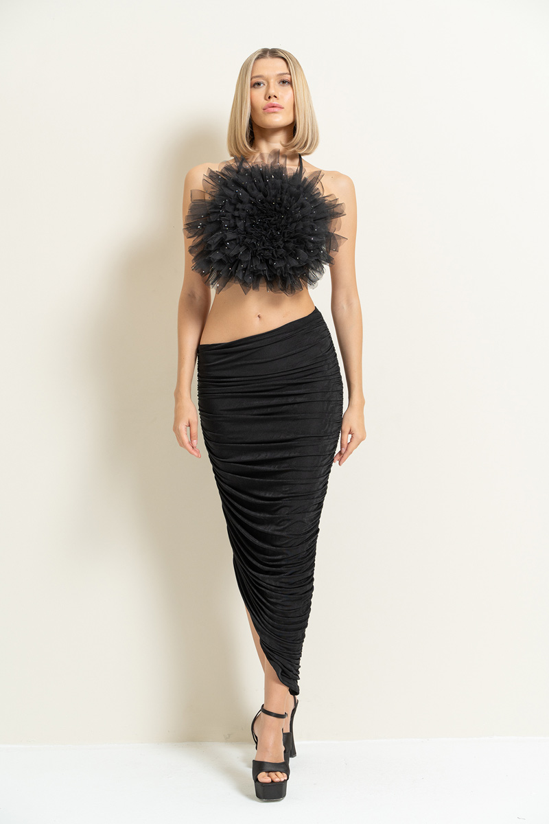 Black Shirred Asymmetric Skirt