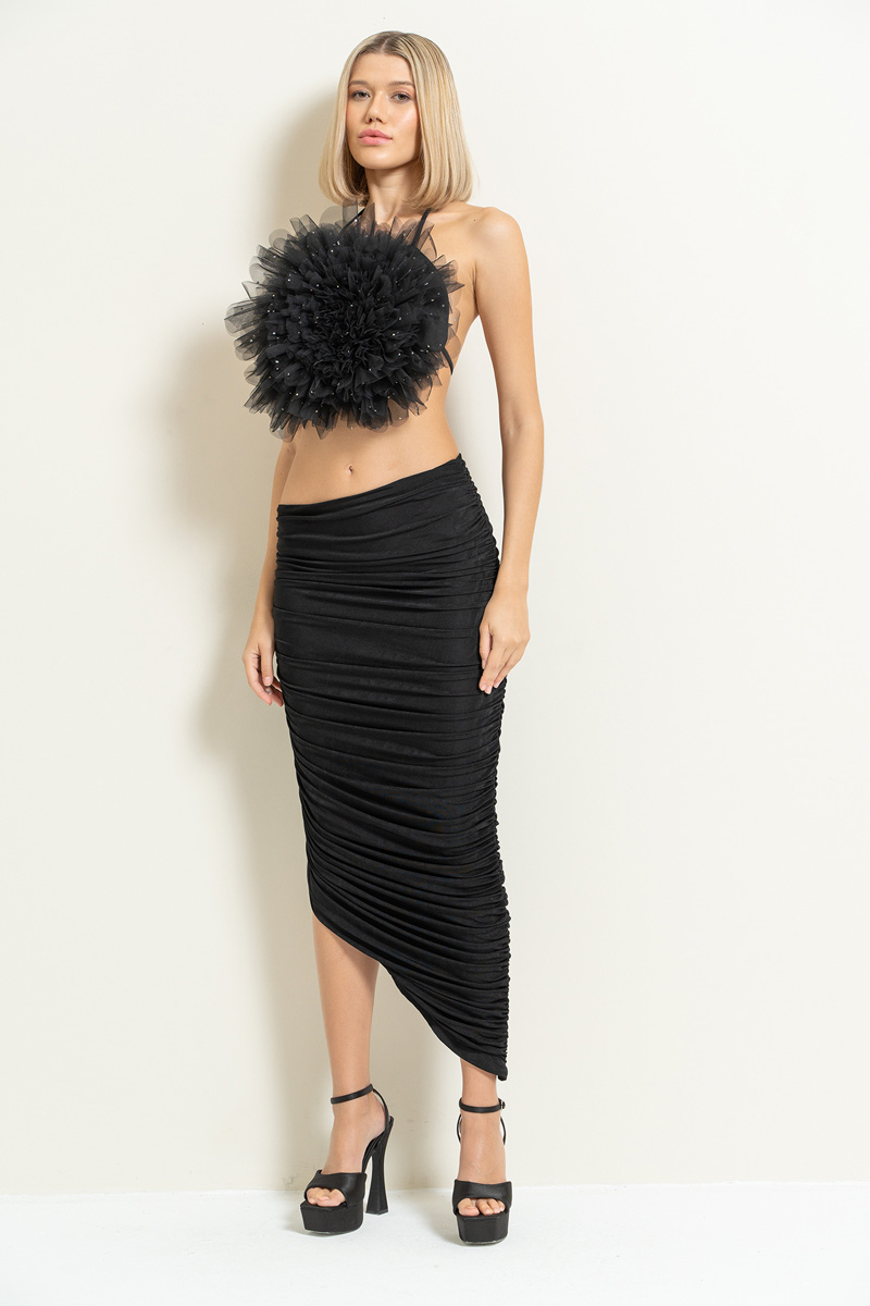 Black Shirred Asymmetric Skirt