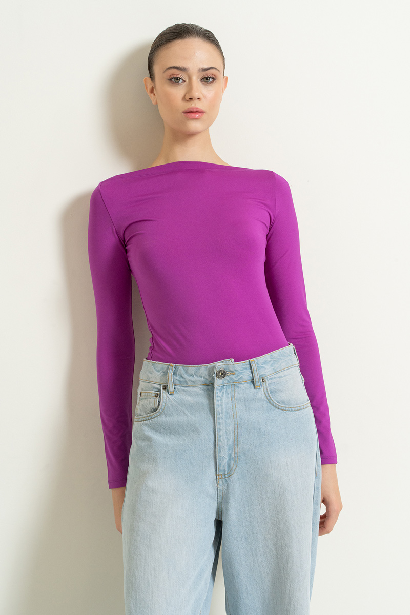 Boat Neck Long Sleeve Magenta Top