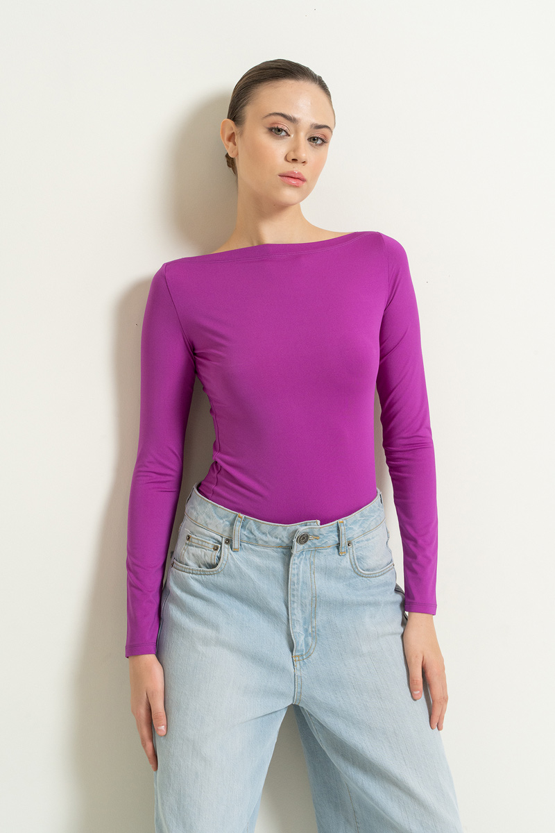 Boat Neck Long Sleeve Magenta Top