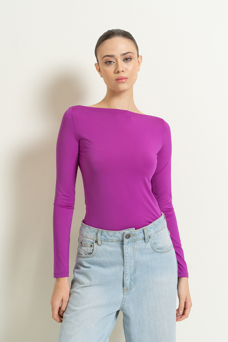 Boat Neck Long Sleeve Magenta Top