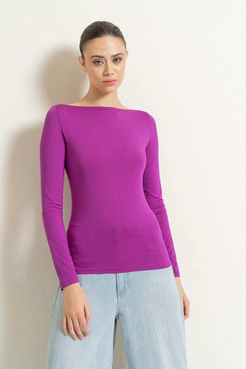 Boat Neck Long Sleeve Magenta Top