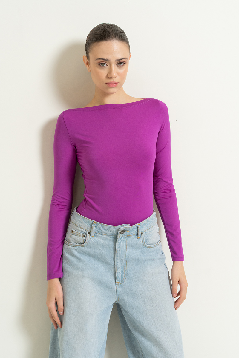 Boat Neck Long Sleeve Magenta Top