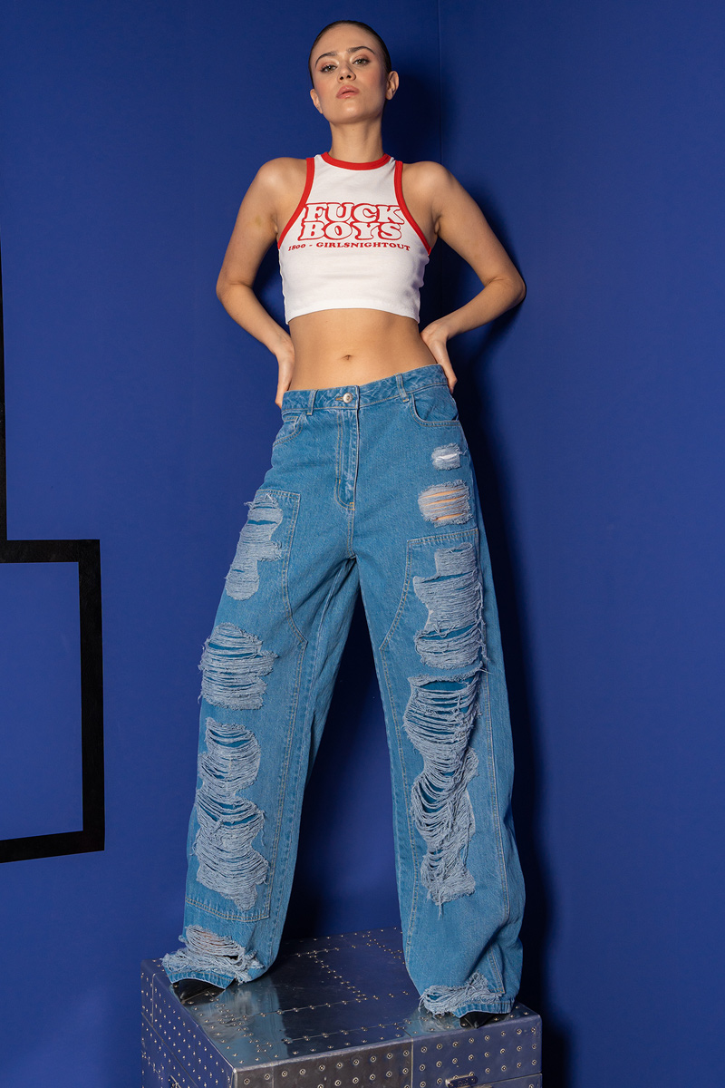 Wholesale Blue Distressed Loose-Fit Jeans