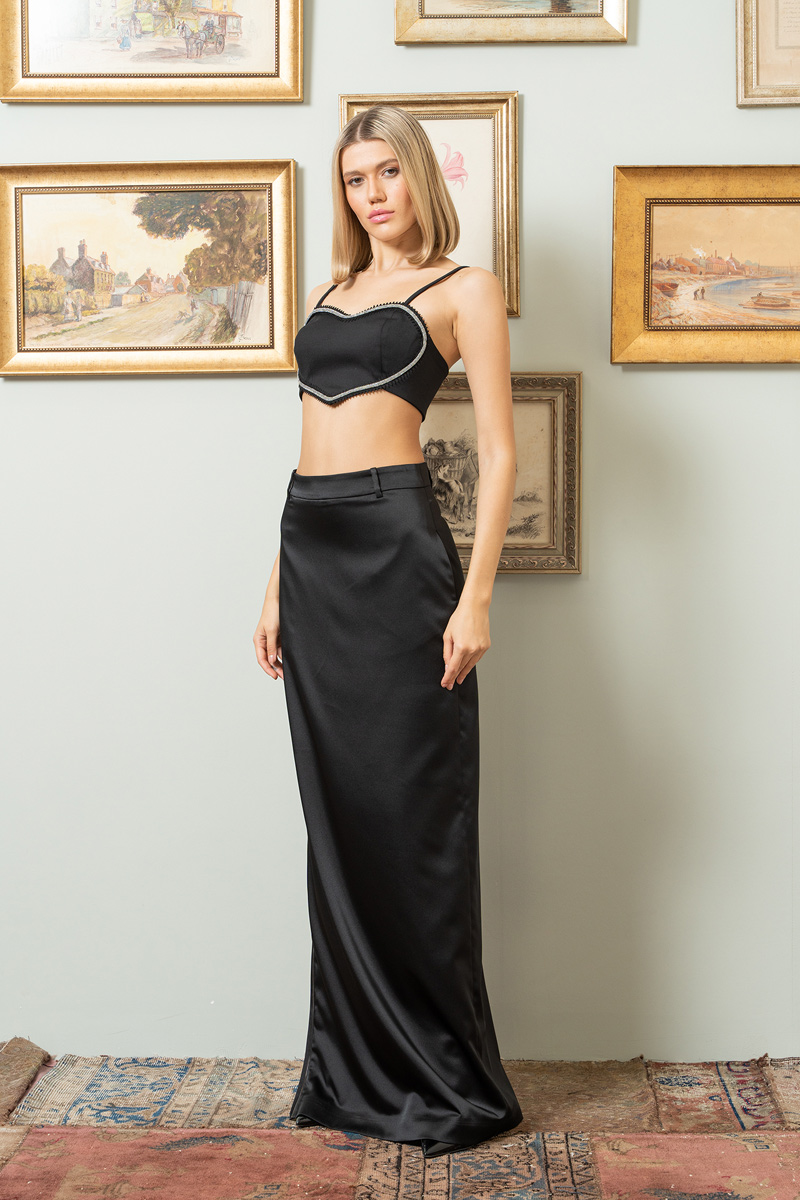 Wholesale Black Zip-Split Satin Maxi Skirt