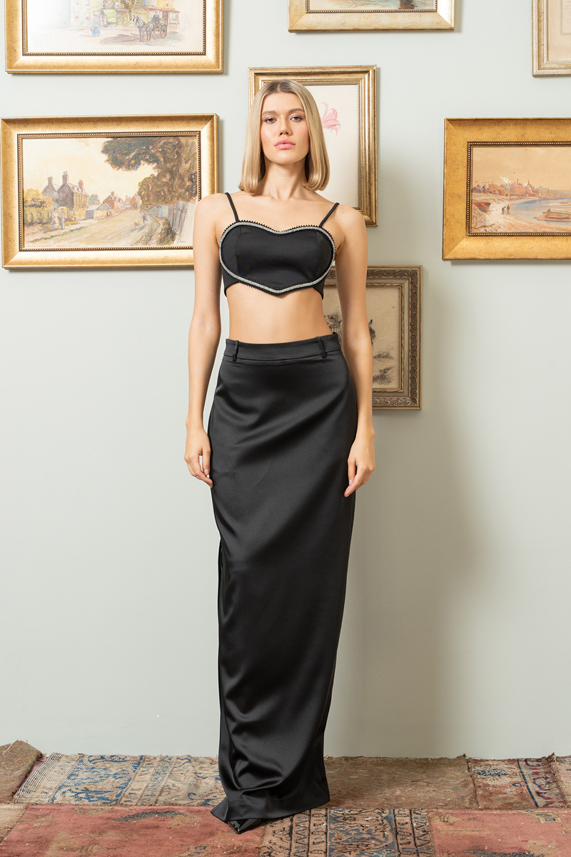 Wholesale Black Zip-Split Satin Maxi Skirt