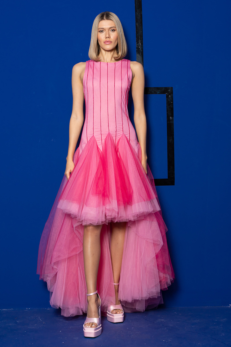 Fuschia Pink Sleeveless High-Low Tulle Dress
