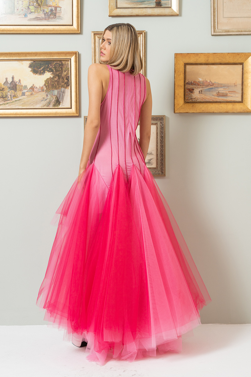 Wholesale Fuschia Pink Sleeveless High-Low Tulle Dress